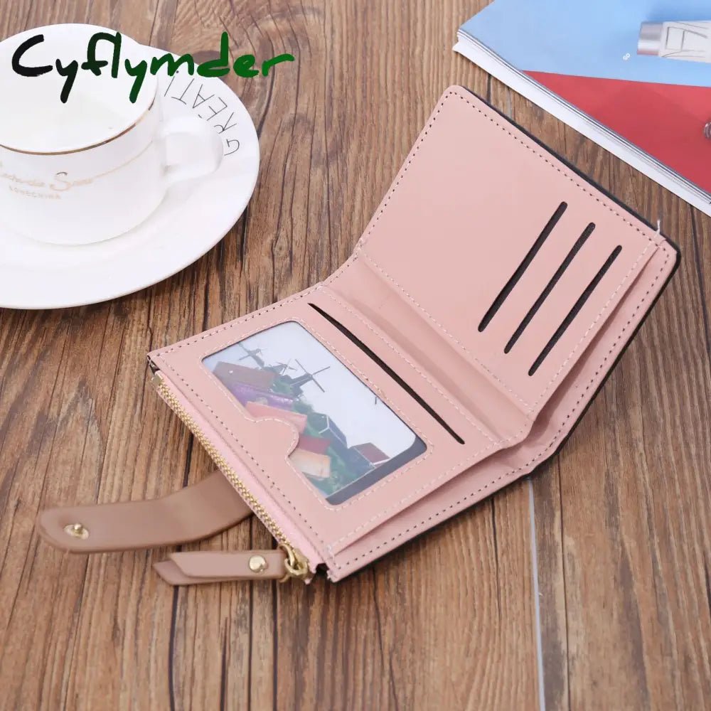 Cyflymder Short Leaf Print Women’s Wallet Soft Pu Leather Credit Card Holder Buckle Two-Fold