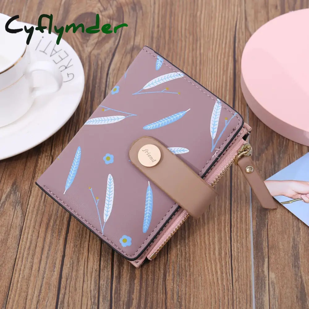 Cyflymder Short Leaf Print Women’s Wallet Soft Pu Leather Credit Card Holder Buckle Two-Fold