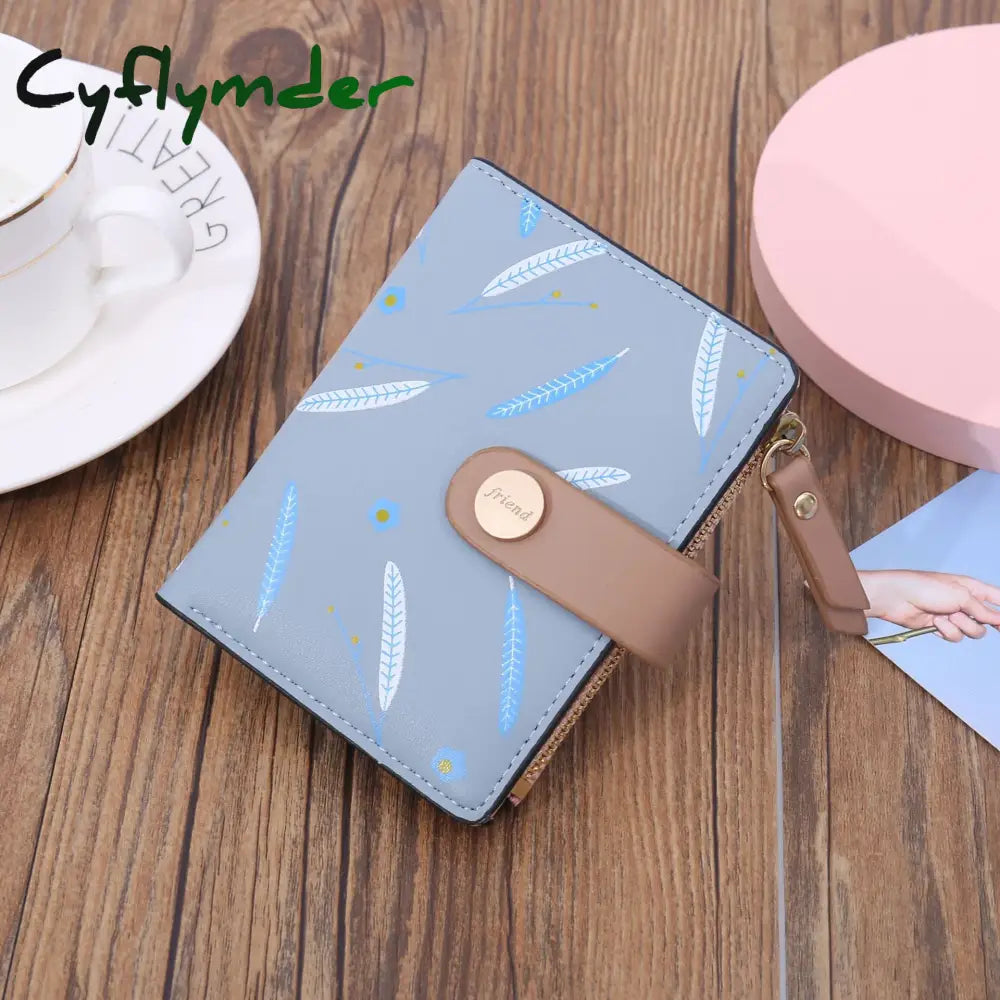 Cyflymder Short Leaf Print Women’s Wallet Soft Pu Leather Credit Card Holder Buckle Two-Fold