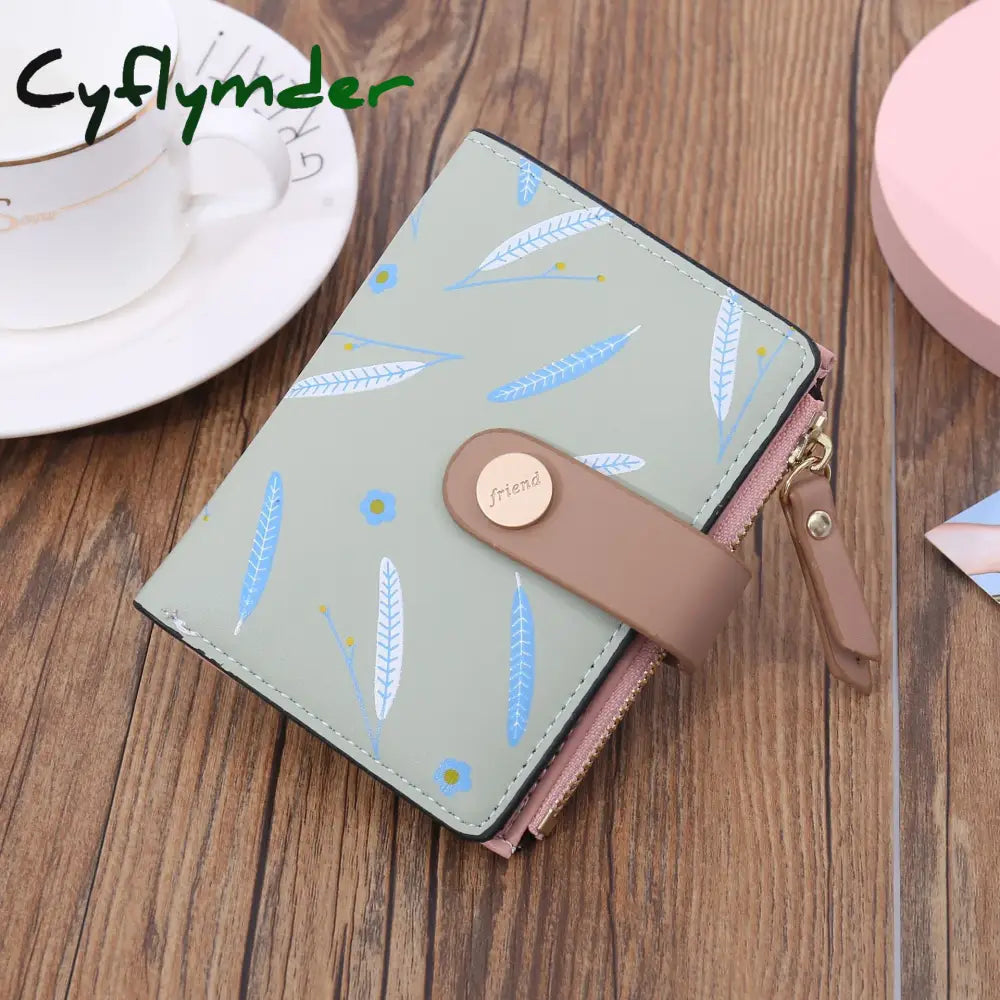 Cyflymder Short Leaf Print Women’s Wallet Soft Pu Leather Credit Card Holder Buckle Two-Fold