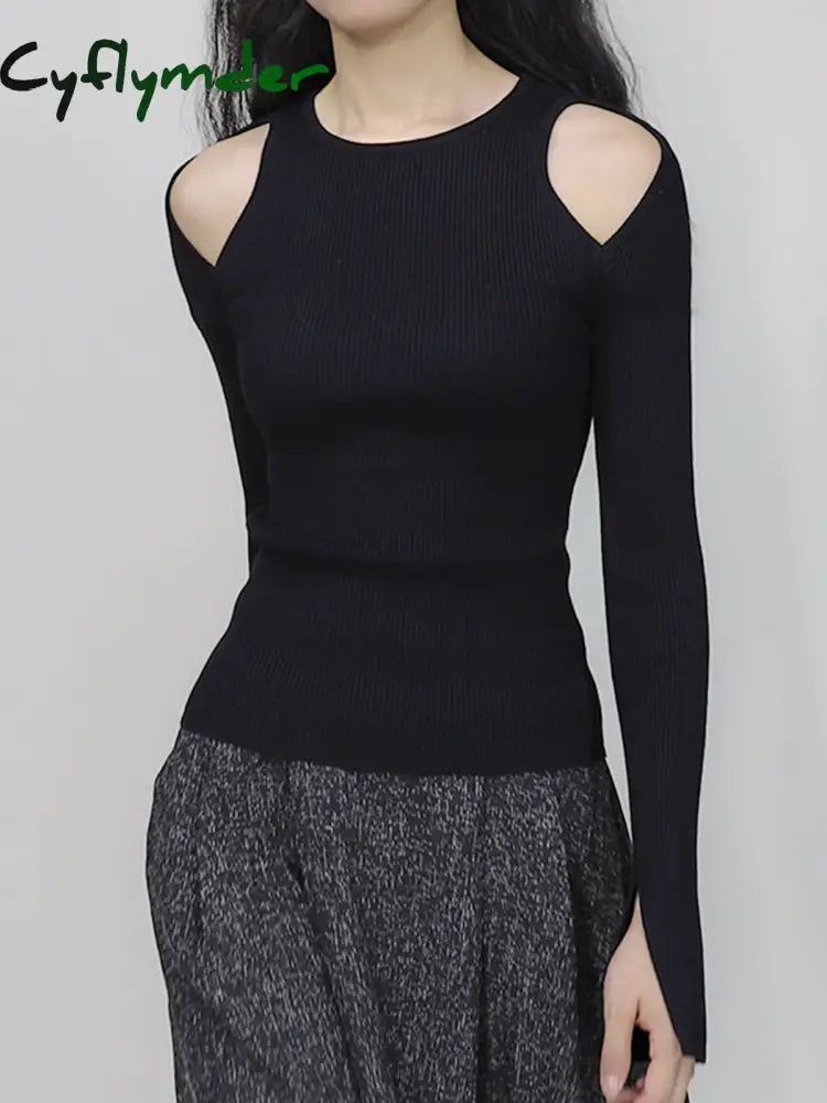 Cyflymder - Shoulder Cut-Out Knit Top Black / Xs Tops