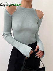 Cyflymder - Shoulder Cut-Out Knit Top Lightblue / Xs Tops