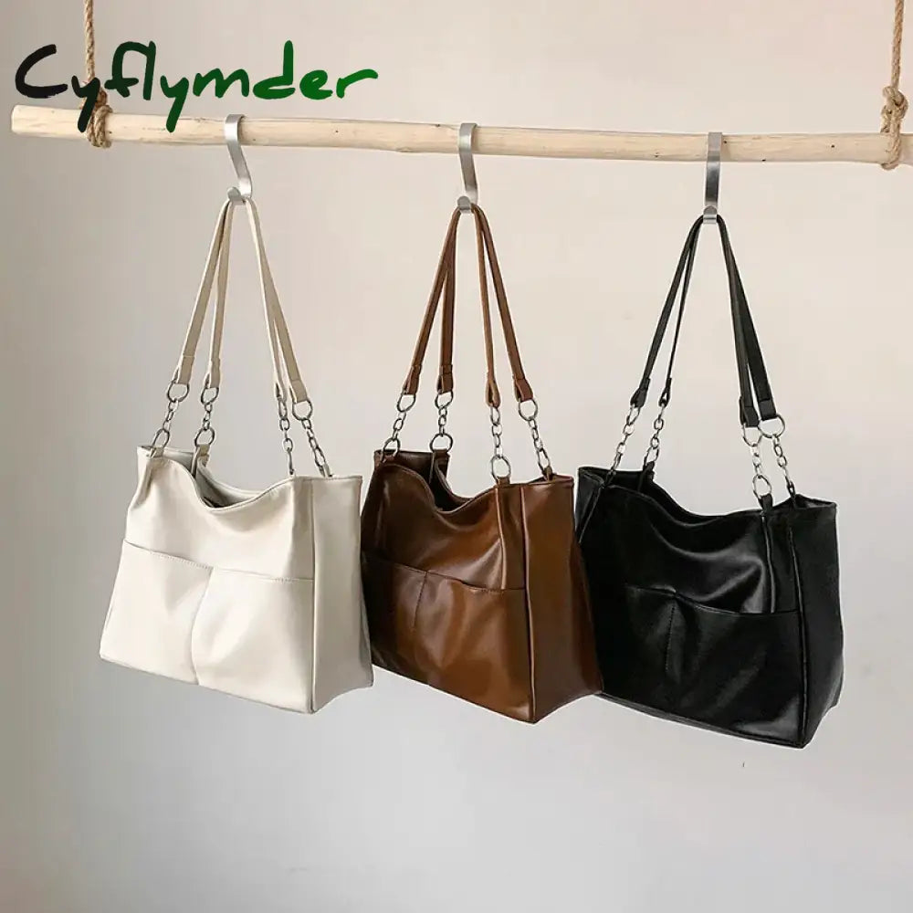 Cyflymder Shoulder Side Bags For Women Vintage Solid Color Simple Large Capacity Big Pu Leather The