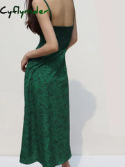 Cyflymder - Silk Dark Green Print Slip Dress Knit Dresses