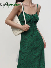 Cyflymder - Silk Dark Green Print Slip Dress Knit Dresses