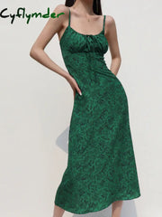 Cyflymder - Silk Dark Green Print Slip Dress Knit Dresses