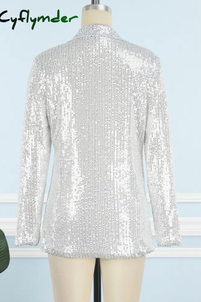 Cyflymder - Silver Celebrities Solid Sequins Patchwork Turn-Back Collar Outerwear Blazers