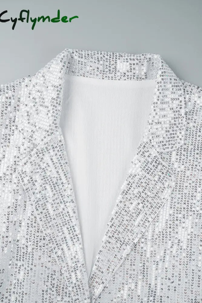 Cyflymder - Silver Celebrities Solid Sequins Patchwork Turn-Back Collar Outerwear Blazers