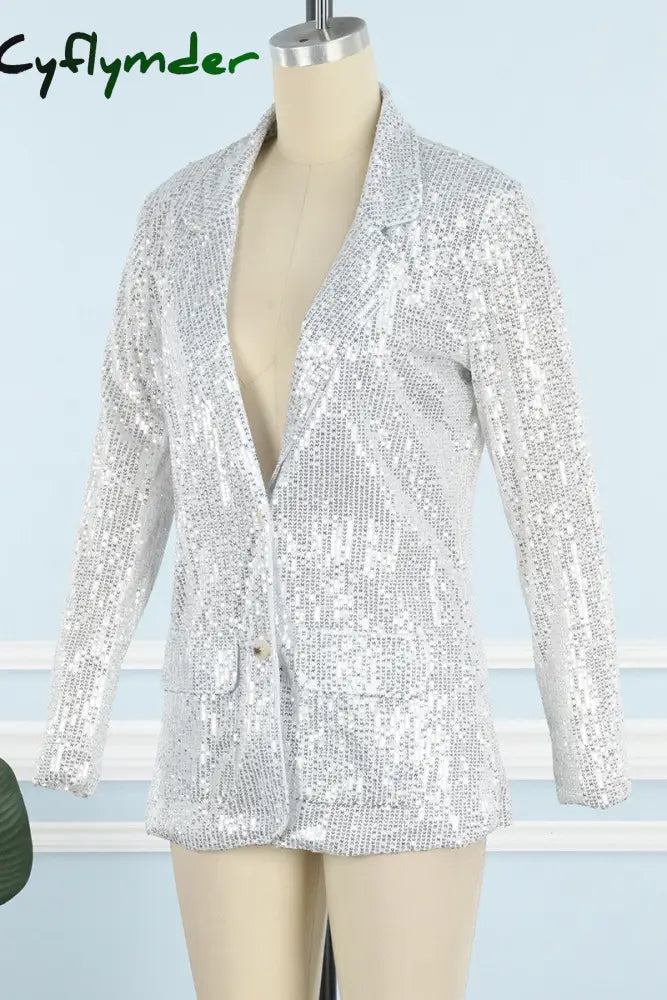 Cyflymder - Silver Celebrities Solid Sequins Patchwork Turn-Back Collar Outerwear Blazers