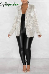 Cyflymder - Silver Celebrities Solid Sequins Patchwork Turn-Back Collar Outerwear Blazers