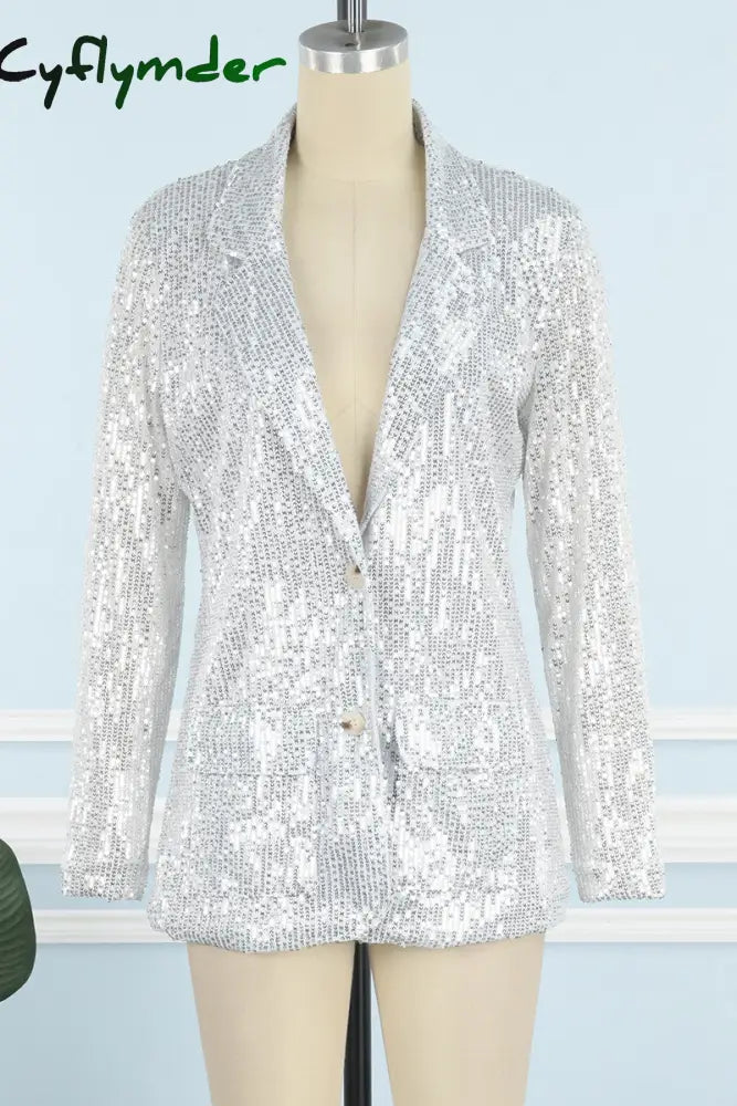 Cyflymder - Silver Celebrities Solid Sequins Patchwork Turn-Back Collar Outerwear Blazers