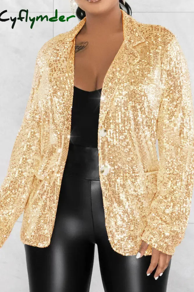 Cyflymder - Silver Celebrities Solid Sequins Patchwork Turn-Back Collar Outerwear Gold / S Blazers