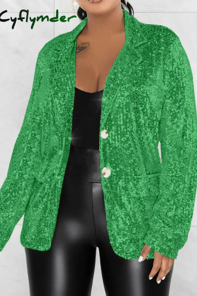 Cyflymder - Silver Celebrities Solid Sequins Patchwork Turn-Back Collar Outerwear Green / S Blazers