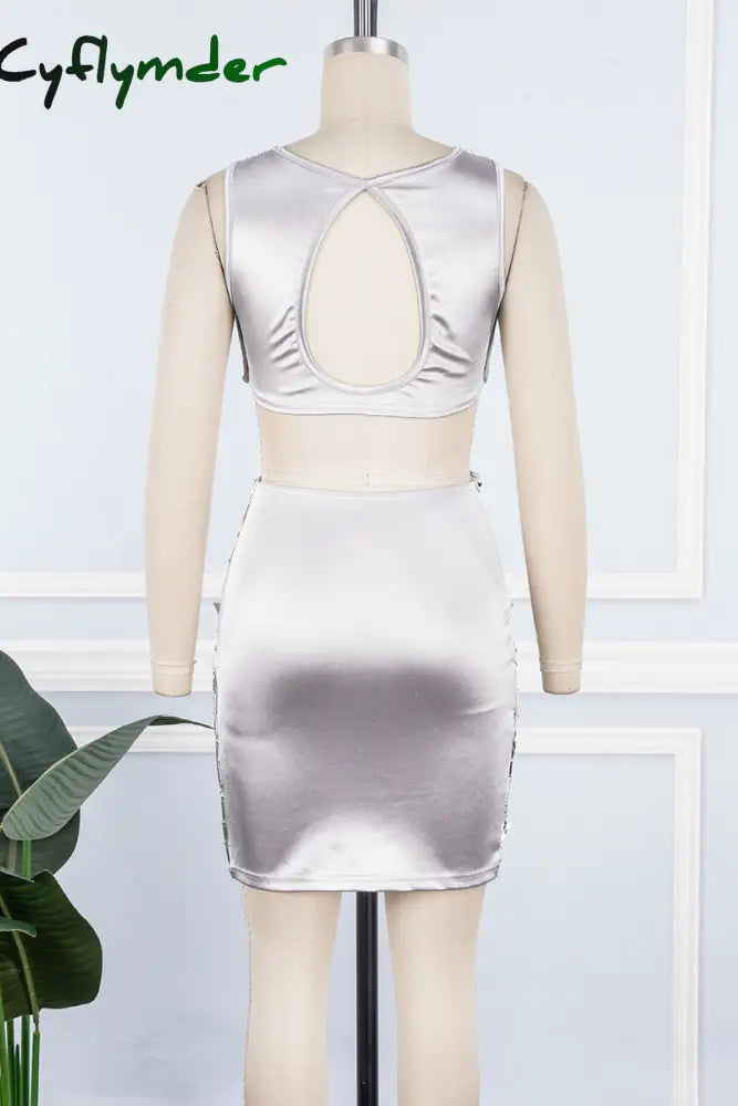 Cyflymder - Silver Sexy Solid Hollowed Out Patchwork Strap Design Reflective O Neck One Step Skirt