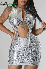 Cyflymder - Silver Sexy Solid Hollowed Out Patchwork Strap Design Reflective O Neck One Step Skirt