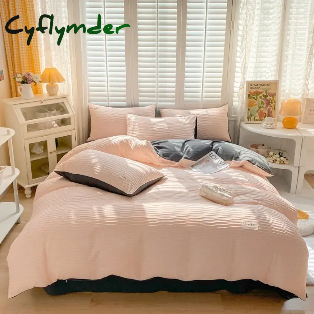 Cyflymder Simple Bubble Yarn Fabric Single Double Bedding Full Set Skin-friendly Duvet Cover Set with Bed Sheet Quilt