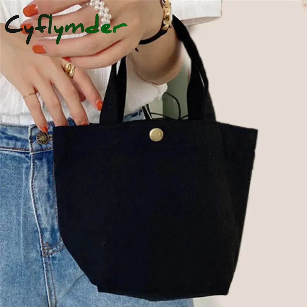 Cyflymder Simple Canvas Bag Women Shoulder Bags Foldable Picnic Pouch Small Tote Black Shopper