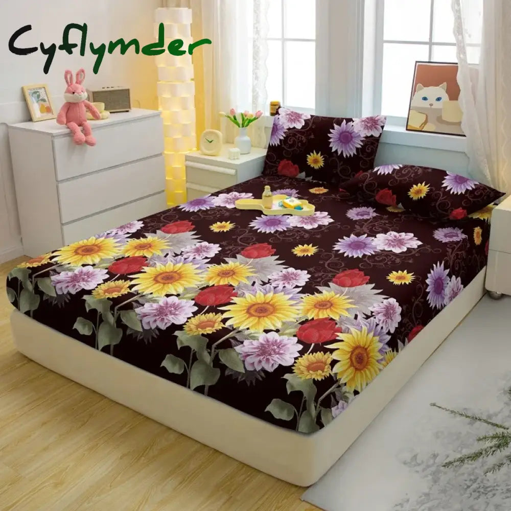 Cyflymder Simple Modern Plant Flower Printed Matte Fitted Sheet Bedroom Printed Bed Cover Bedding (Excluding