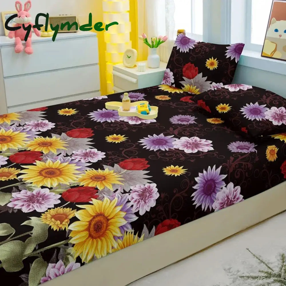 Cyflymder Simple Modern Plant Flower Printed Matte Fitted Sheet Bedroom Printed Bed Cover Bedding (Excluding