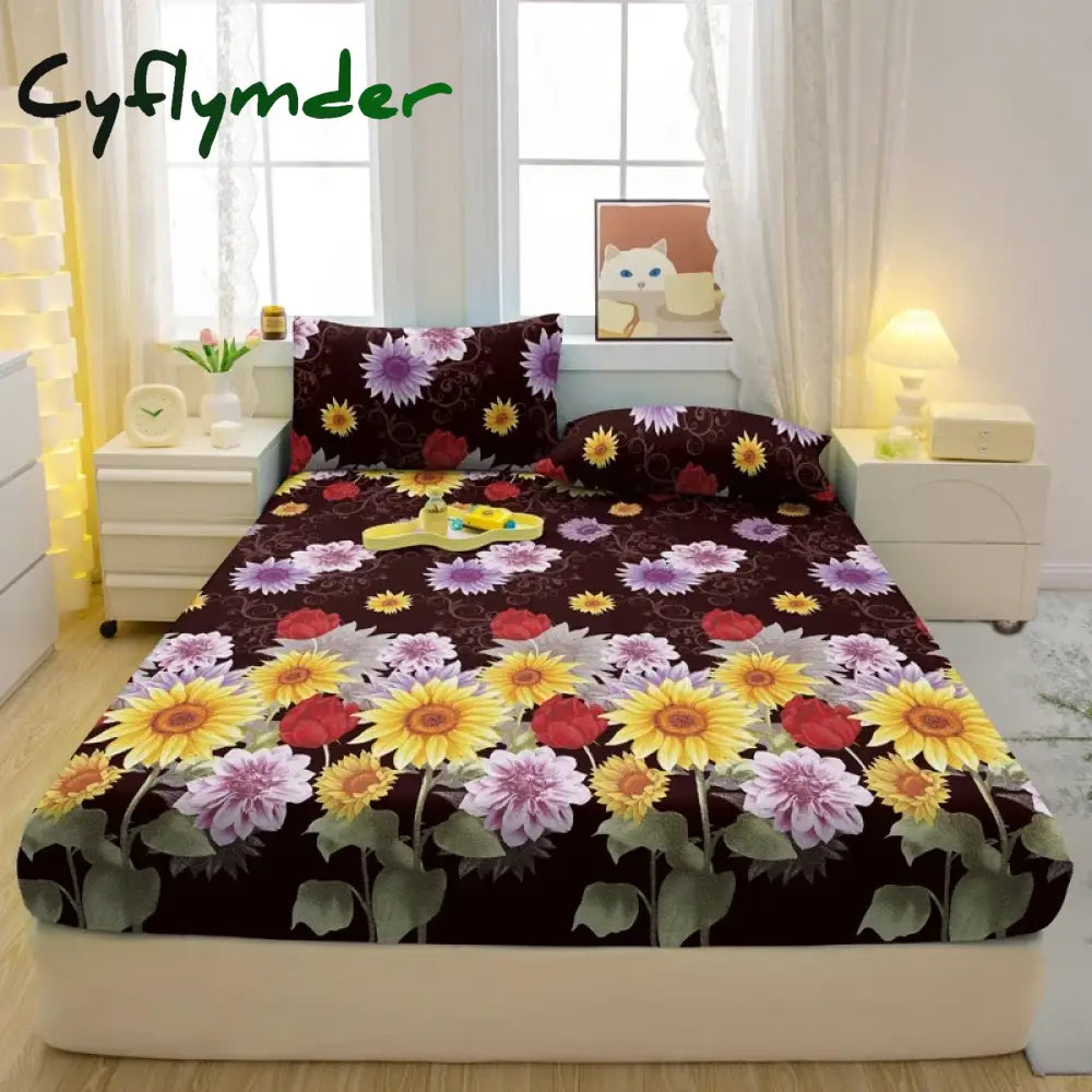 Cyflymder Simple Modern Plant Flower Printed Matte Fitted Sheet Bedroom Printed Bed Cover Bedding (Excluding