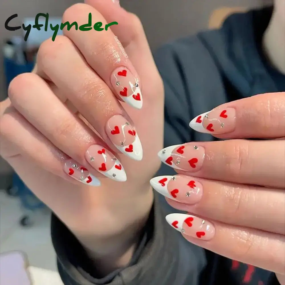 Cyflymder Simple Stiletto French Fake Nails For Valentine’s Day Almond Sweet False With Glue Full