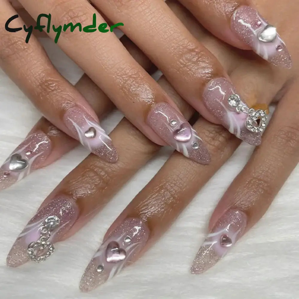 Cyflymder Simple Stiletto French Fake Nails For Valentine’s Day Almond Sweet False With Glue Full
