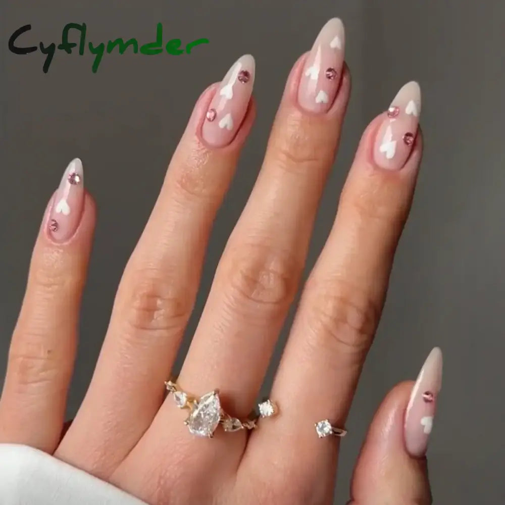 Cyflymder Simple Stiletto French Fake Nails For Valentine’s Day Almond Sweet False With Glue Full