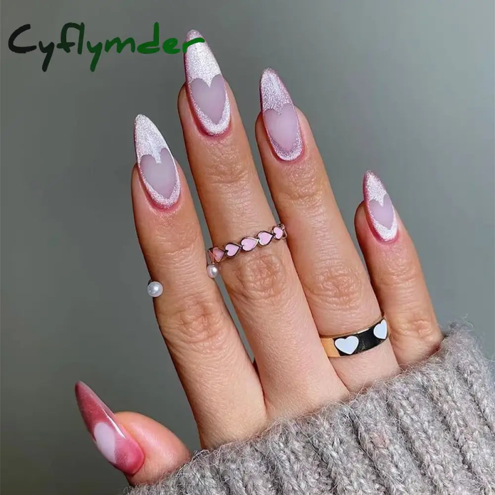 Cyflymder Simple Stiletto French Fake Nails For Valentine’s Day Almond Sweet False With Glue Full