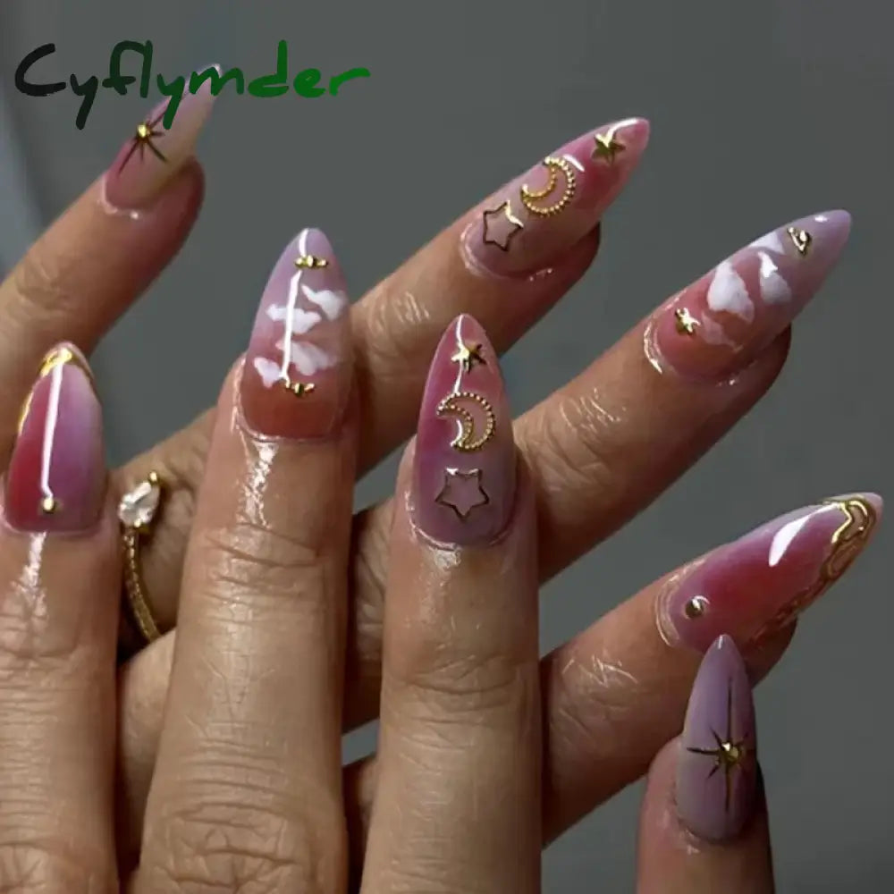 Cyflymder Simple Stiletto French Fake Nails For Valentine’s Day Almond Sweet False With Glue Full
