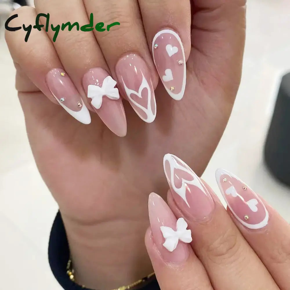 Cyflymder Simple Stiletto French Fake Nails For Valentine’s Day Almond Sweet False With Glue Full