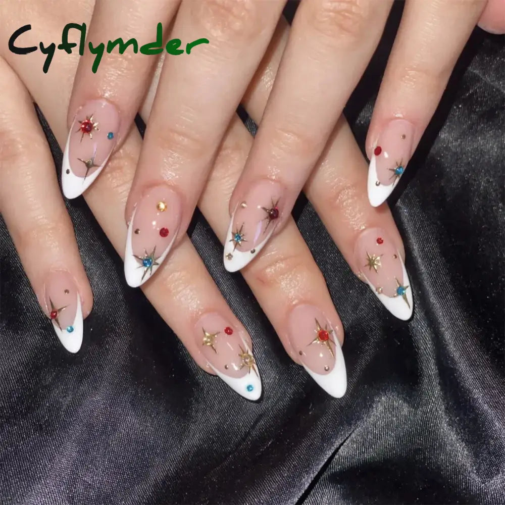 Cyflymder Simple Stiletto French Fake Nails For Valentine’s Day Almond Sweet False With Glue Full