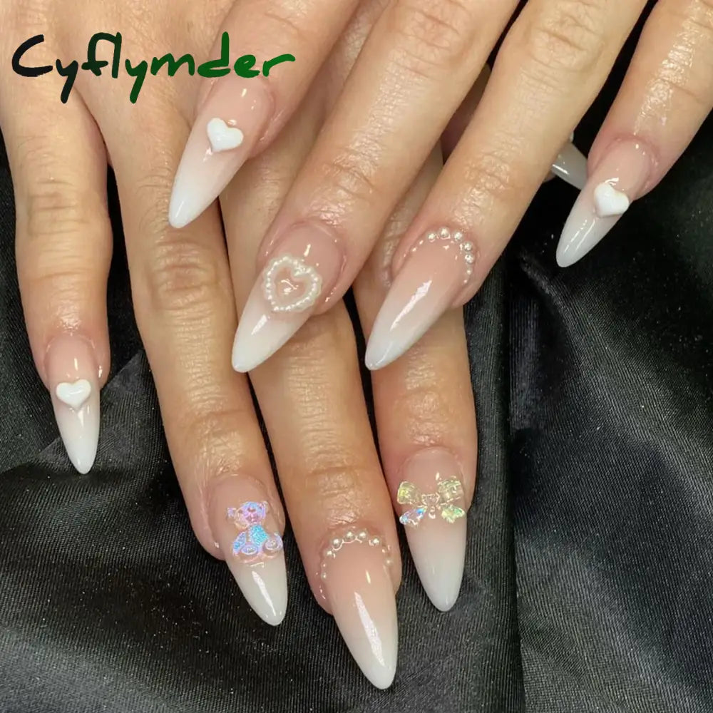Cyflymder Simple Stiletto French Fake Nails For Valentine’s Day Almond Sweet False With Glue Full