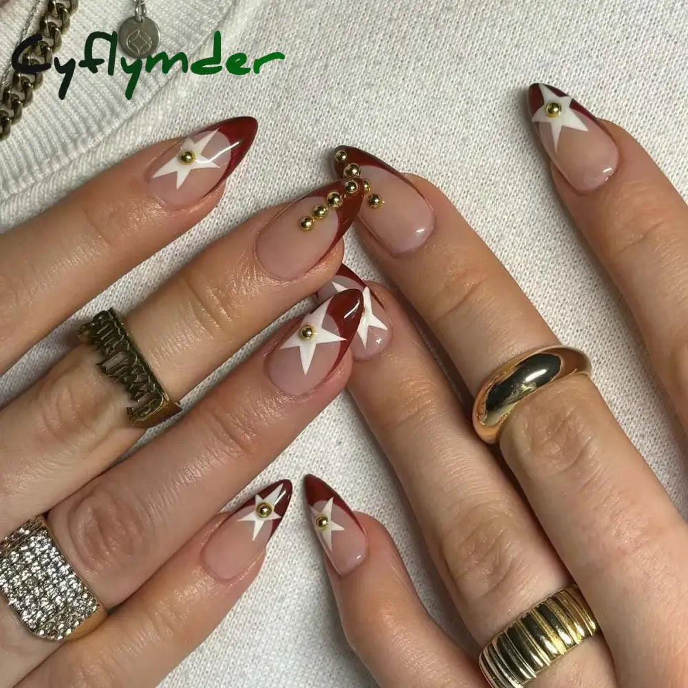 Cyflymder Simple Stiletto French Fake Nails For Valentine’s Day Almond Sweet False With Glue Full