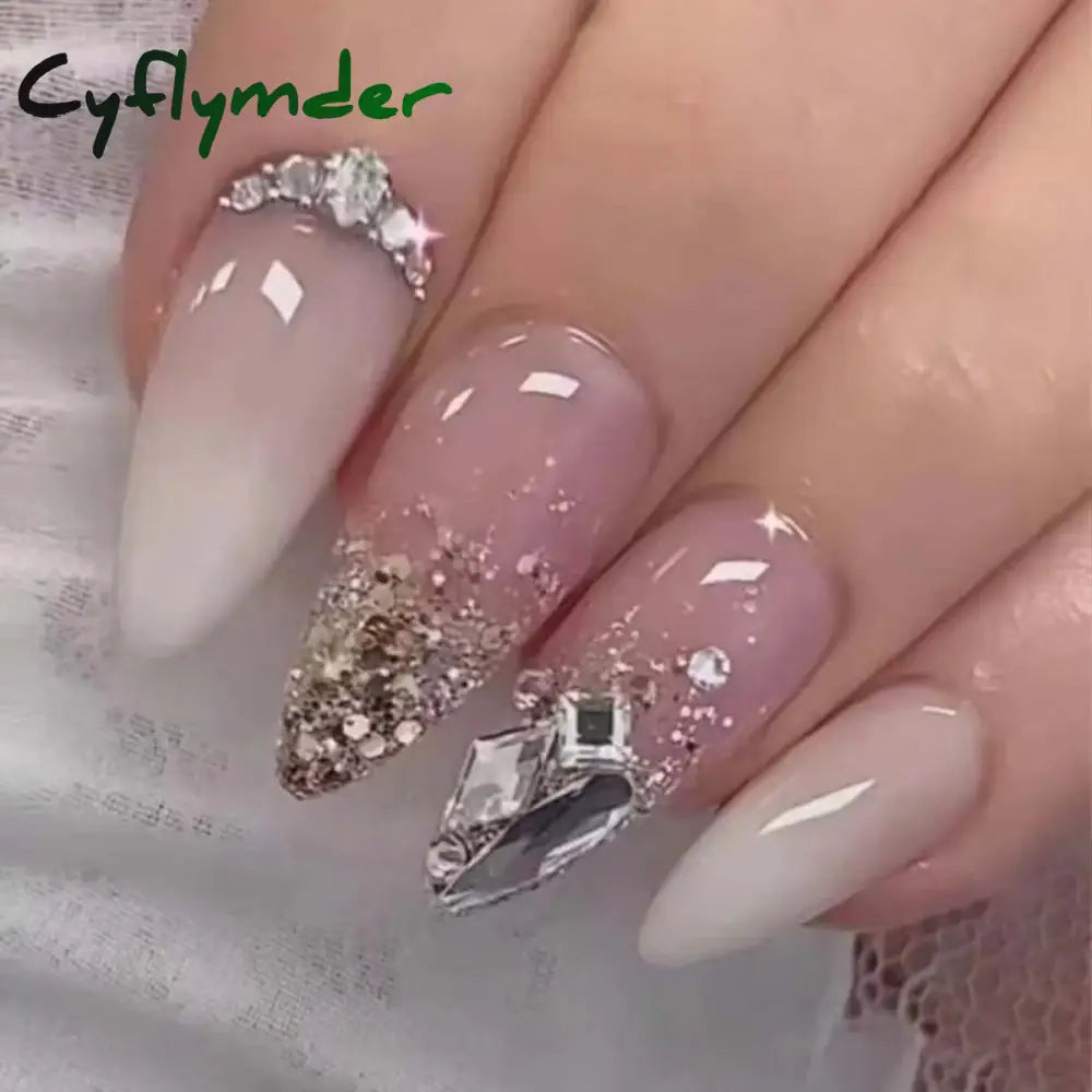 Cyflymder Simple Stiletto French Fake Nails For Valentine’s Day Almond Sweet False With Glue Full