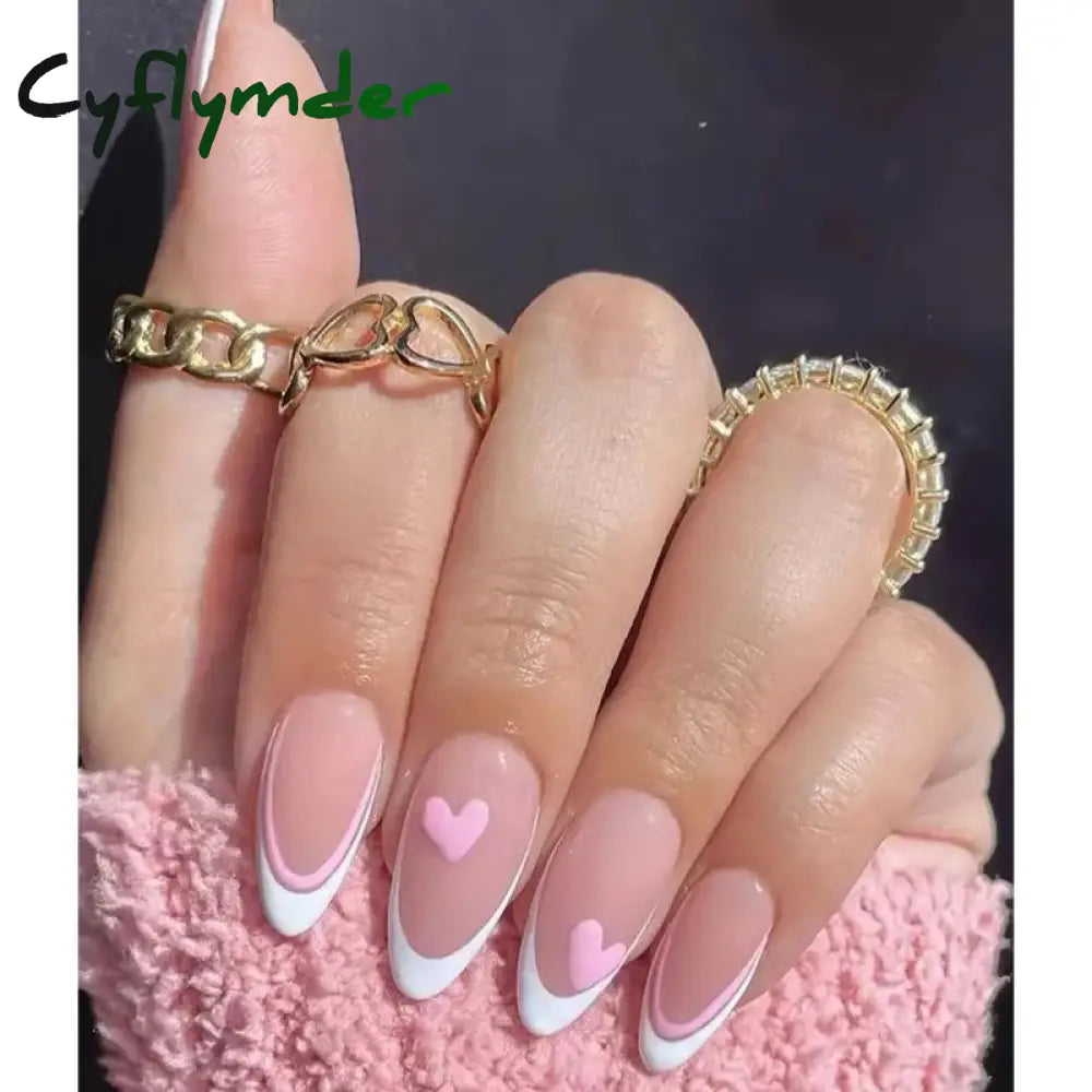 Cyflymder Simple Stiletto French Fake Nails For Valentine’s Day Almond Sweet False With Glue Full