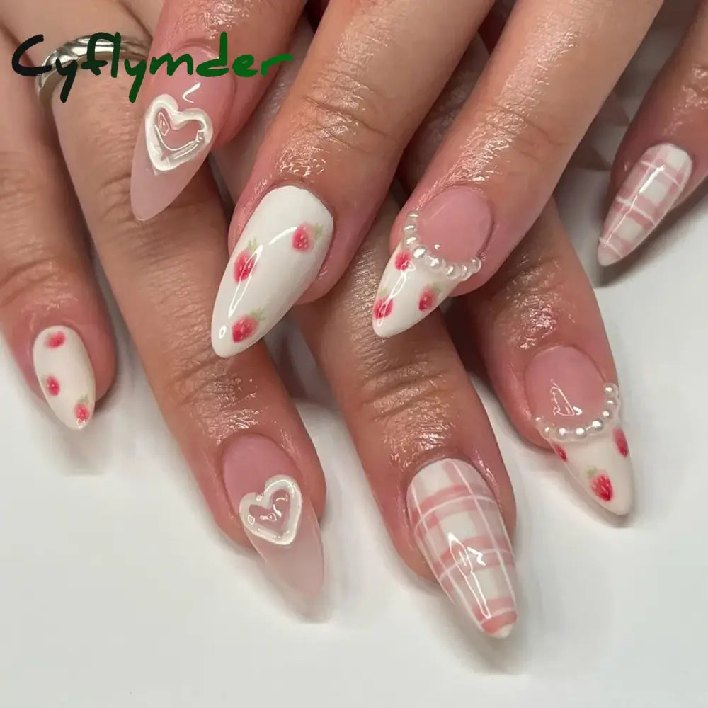 Cyflymder Simple Stiletto French Fake Nails For Valentine’s Day Almond Sweet False With Glue Full