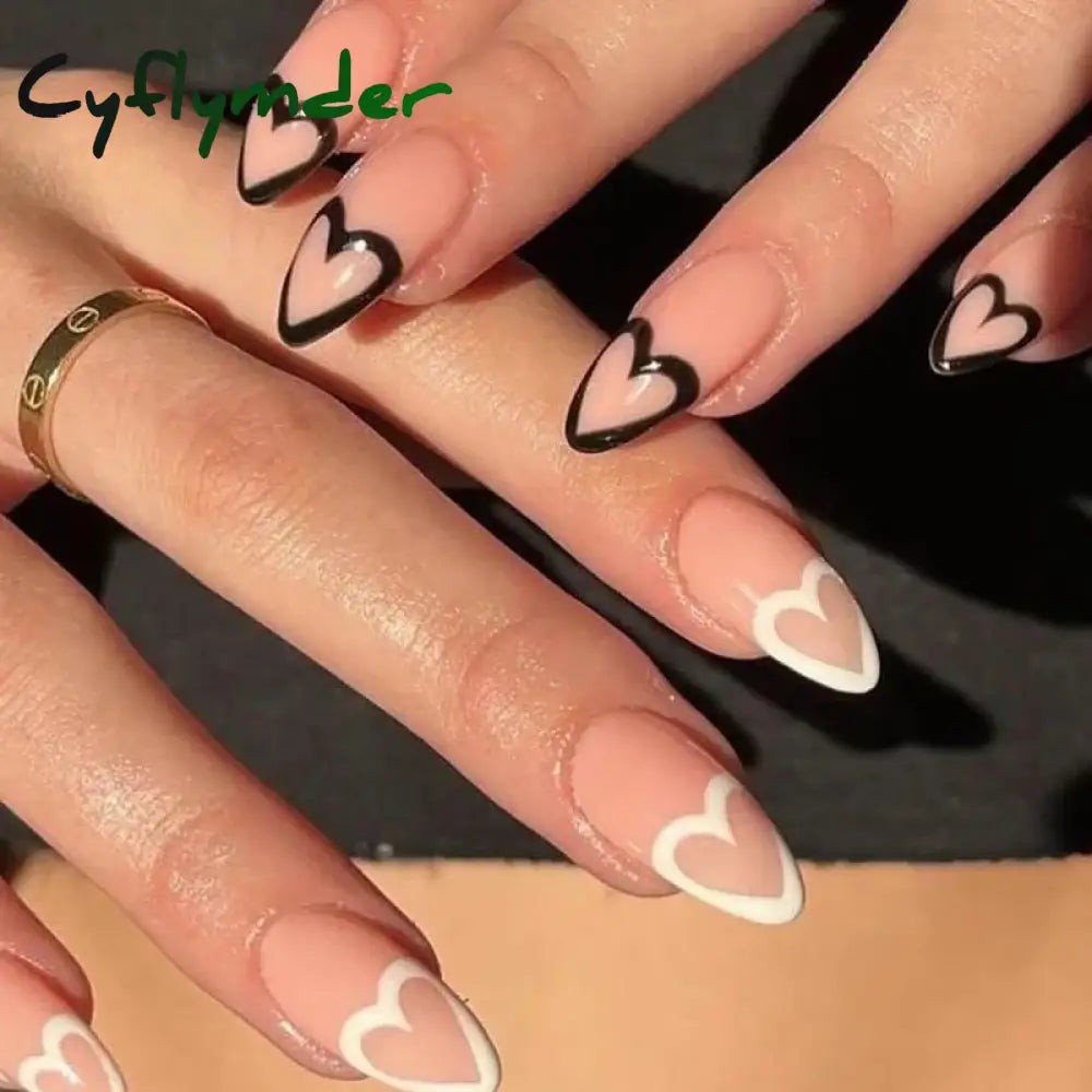 Cyflymder Simple Stiletto French Fake Nails For Valentine’s Day Almond Sweet False With Glue Full