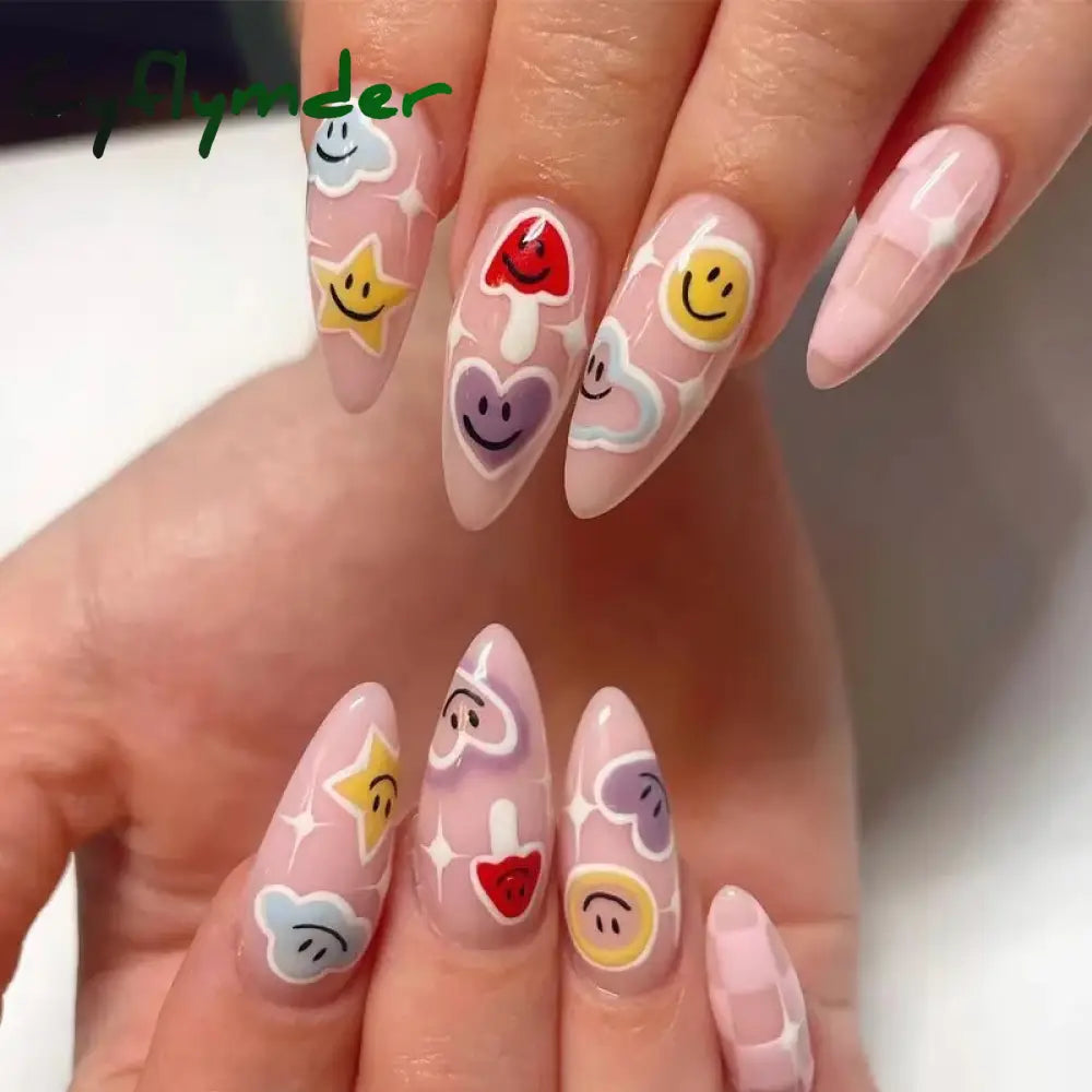 Cyflymder Simple Stiletto French Fake Nails For Valentine’s Day Almond Sweet False With Glue Full