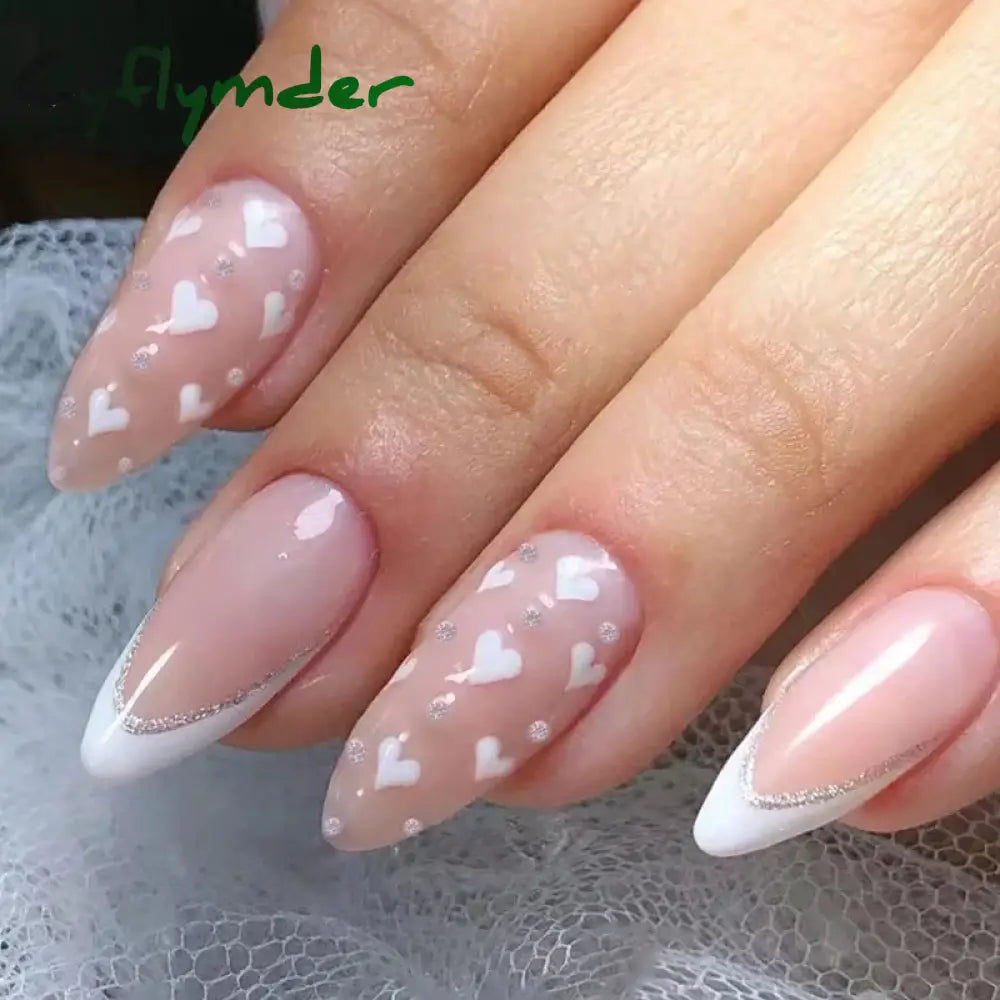 Cyflymder Simple Stiletto French Fake Nails For Valentine’s Day Almond Sweet False With Glue Full