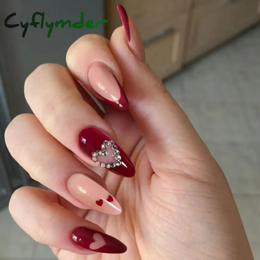 Cyflymder Simple Stiletto French Fake Nails For Valentine’s Day Almond Sweet False With Glue Full