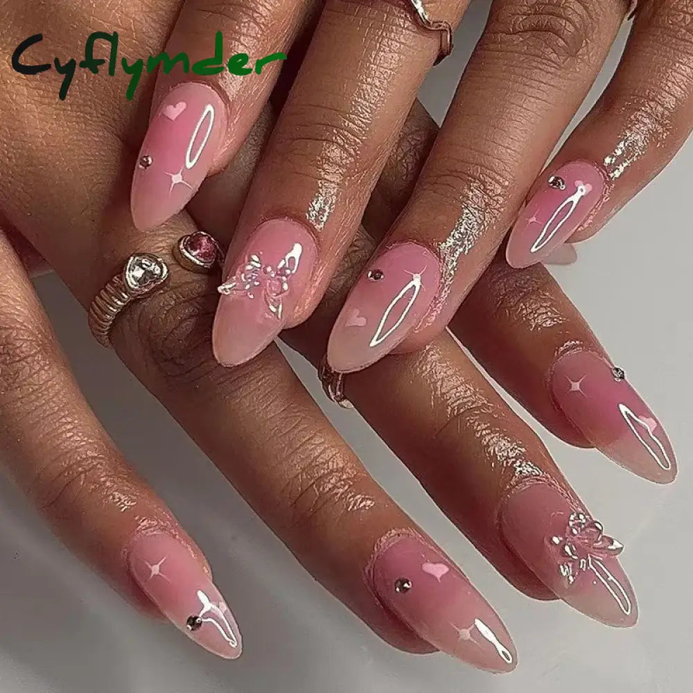 Cyflymder Simple Stiletto French Fake Nails For Valentine’s Day Almond Sweet False With Glue Full