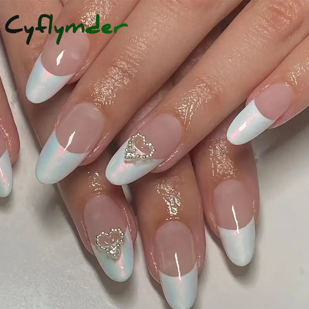 Cyflymder Simple Stiletto French Fake Nails For Valentine’s Day Almond Sweet False With Glue Full