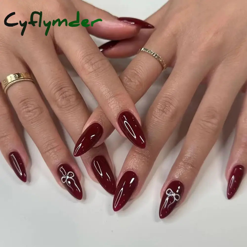 Cyflymder Simple Stiletto French Fake Nails For Valentine’s Day Almond Sweet False With Glue Full