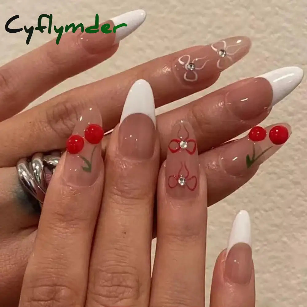 Cyflymder Simple Stiletto French Fake Nails For Valentine’s Day Almond Sweet False With Glue Full