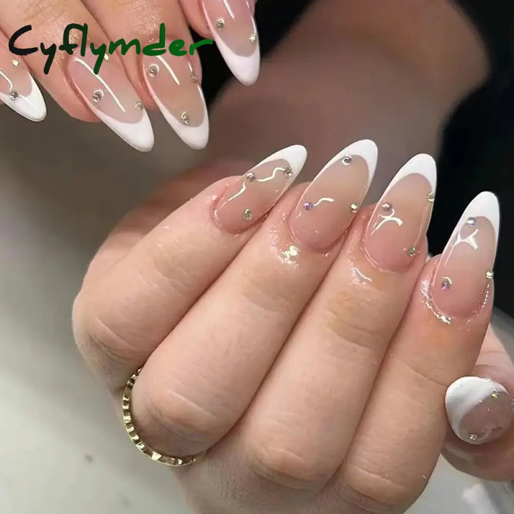 Cyflymder Simple Stiletto French Fake Nails For Valentine’s Day Almond Sweet False With Glue Full