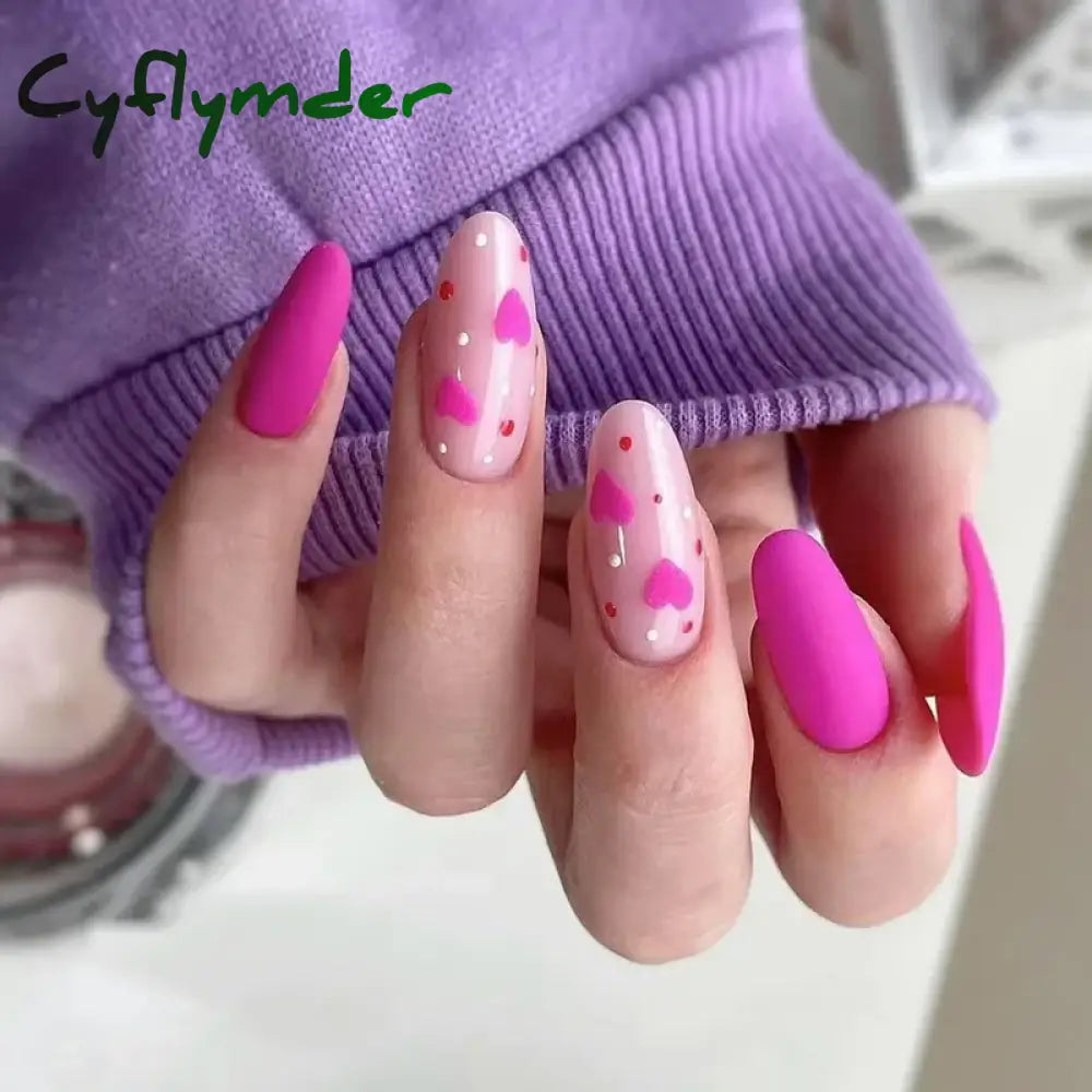 Cyflymder Simple Stiletto French Fake Nails For Valentine’s Day Almond Sweet False With Glue Full