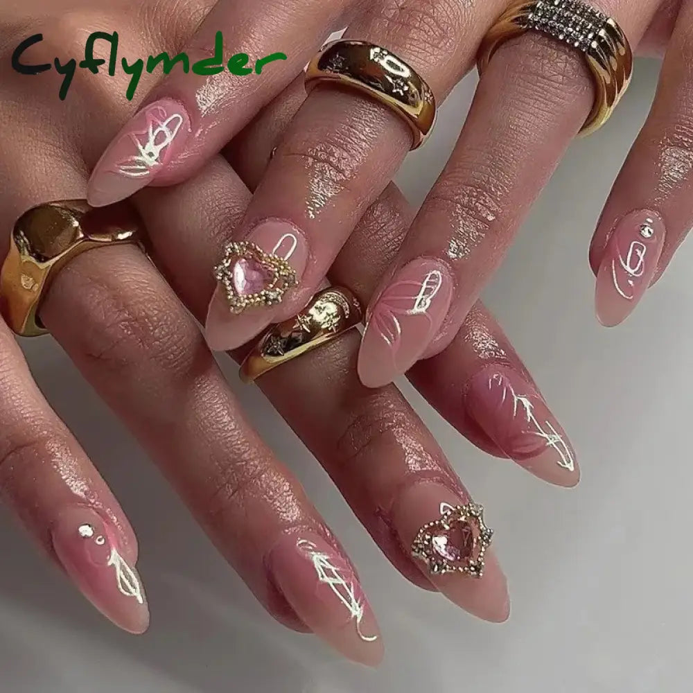 Cyflymder Simple Stiletto French Fake Nails For Valentine’s Day Almond Sweet False With Glue Full