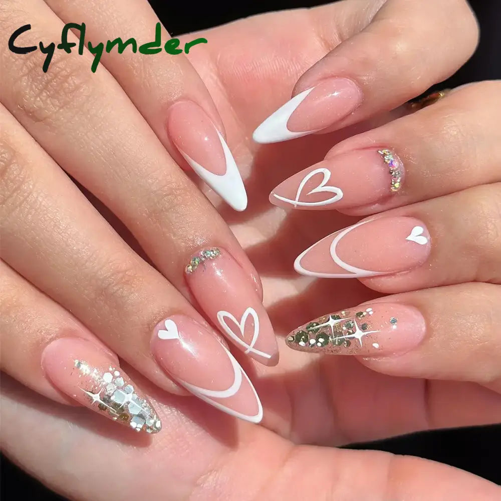 Cyflymder Simple Stiletto French Fake Nails For Valentine’s Day Almond Sweet False With Glue Full