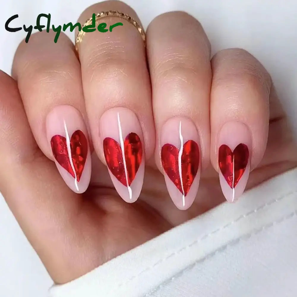 Cyflymder Simple Stiletto French Fake Nails For Valentine’s Day Almond Sweet False With Glue Full