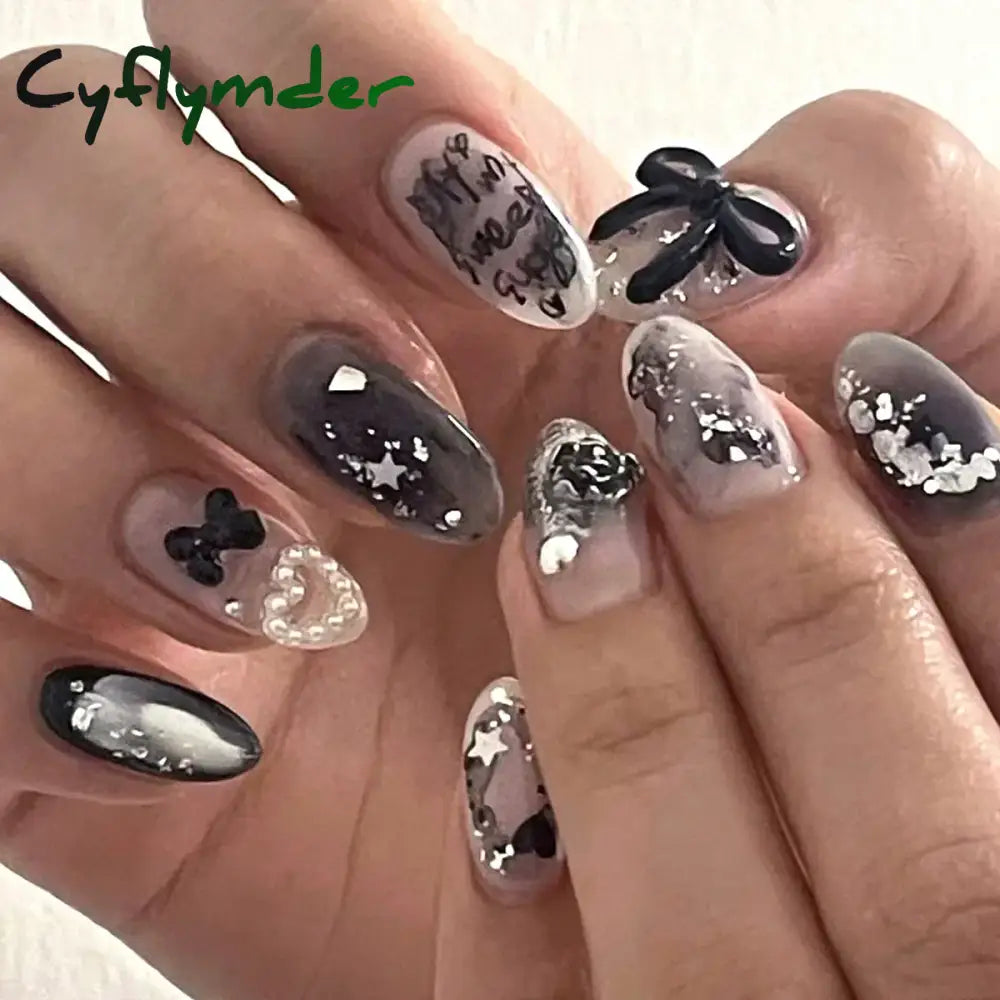 Cyflymder Simple Stiletto French Fake Nails For Valentine’s Day Almond Sweet False With Glue Full